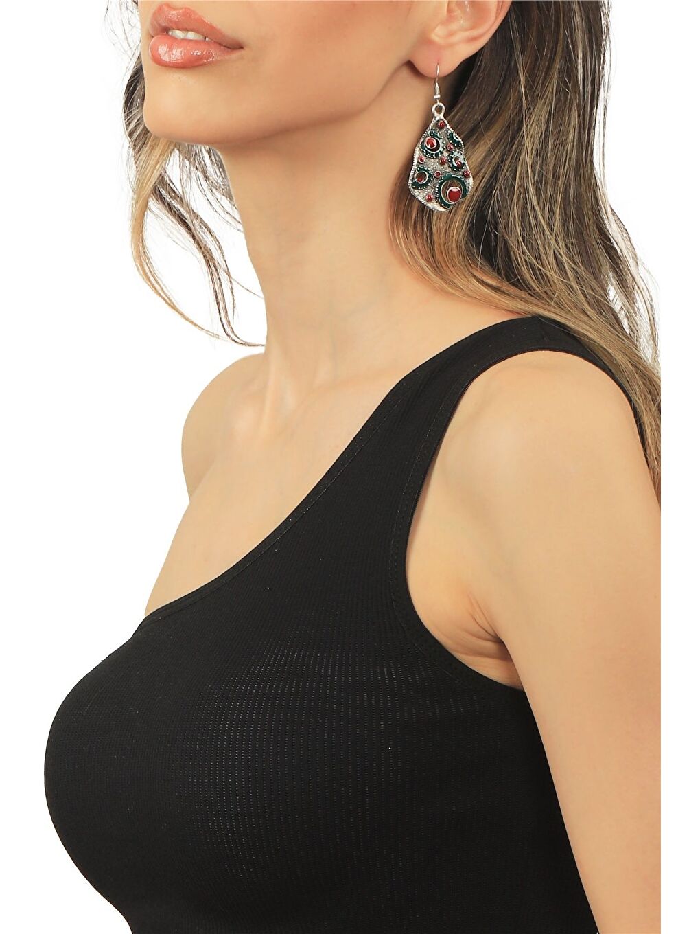 Yeşil Kadın Antik Gümüş Kaplama Sallantılı Model Fuşya Renk Mineli Bohem Küpe-2