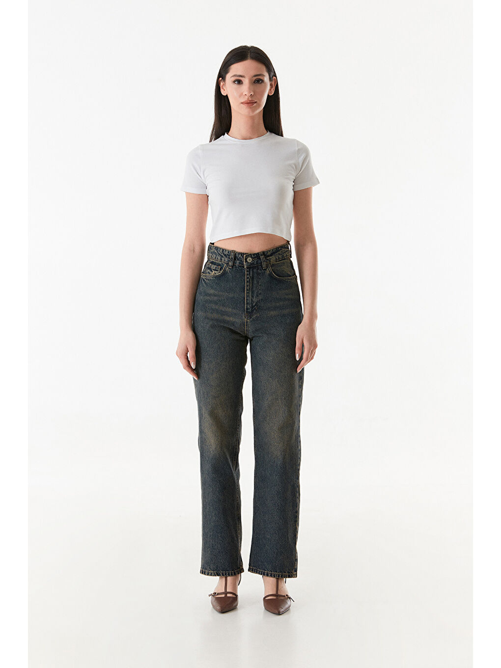 Fullamoda Mavi Yüksek Bel Düğmeli Wide Leg Jean - 2