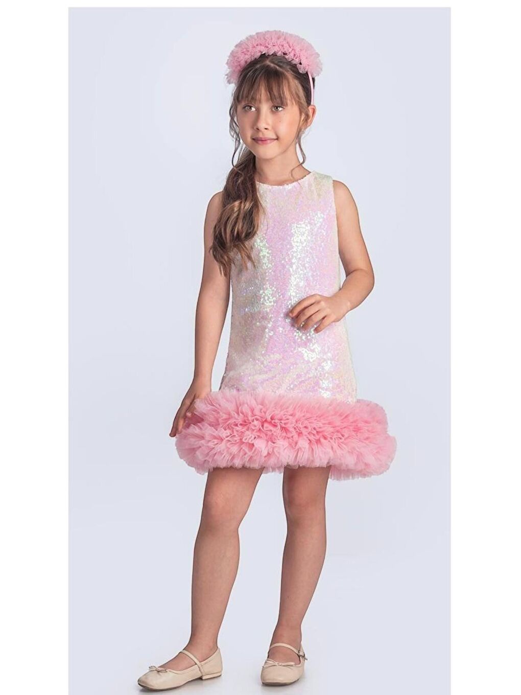 Karışık Kız Çocuk Pembe Pul Payetli Tüllü Fırfır Etek Ucu Detaylı Elbise