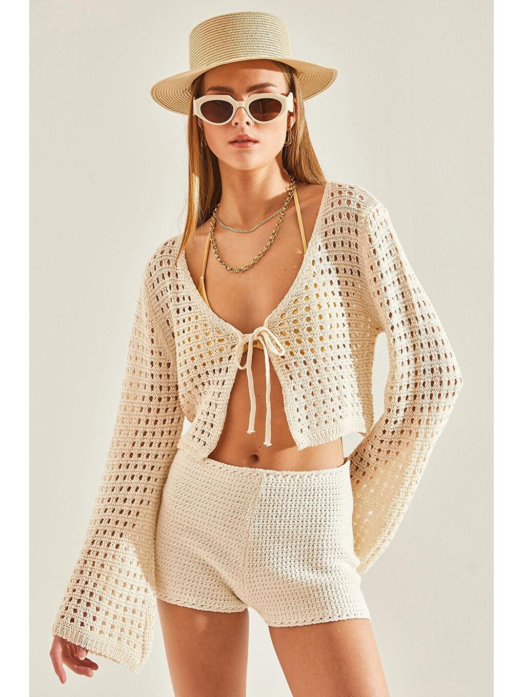 Bej Kadın Ajurlu Bağlamalı Bolero Triko Hırka 60101041-1