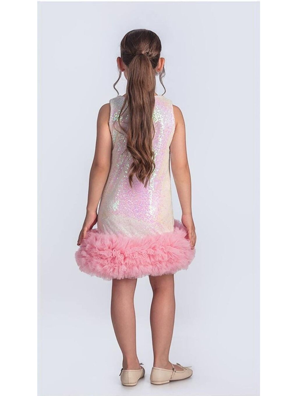 Karışık Kız Çocuk Pembe Pul Payetli Tüllü Fırfır Etek Ucu Detaylı Elbise-3