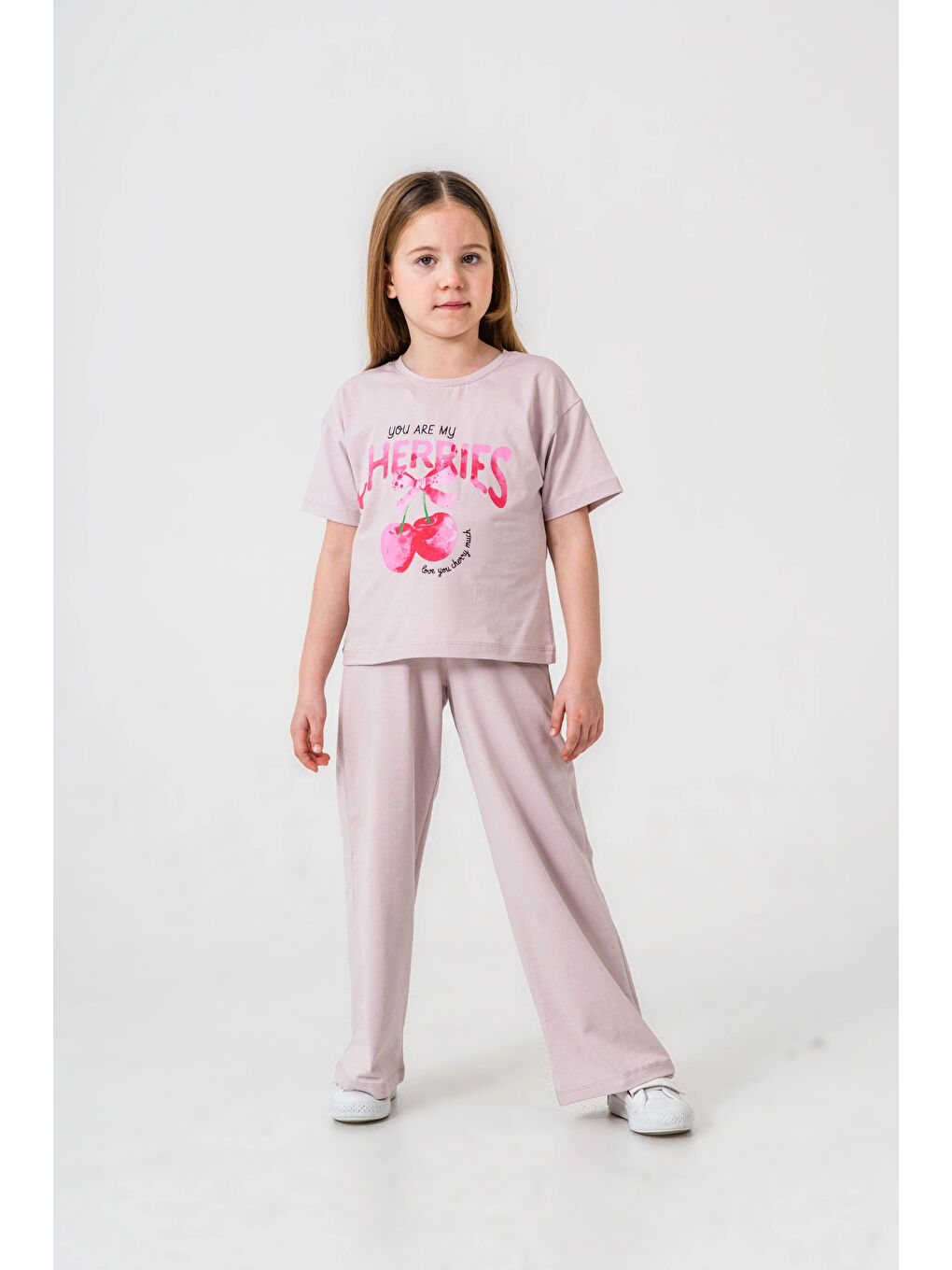 Lila Cherries Baskılı Kız Çocuk Takım 035-1