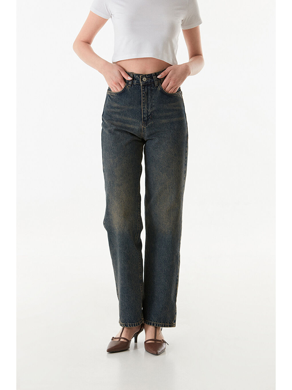 Fullamoda Mavi Yüksek Bel Düğmeli Wide Leg Jean - 3