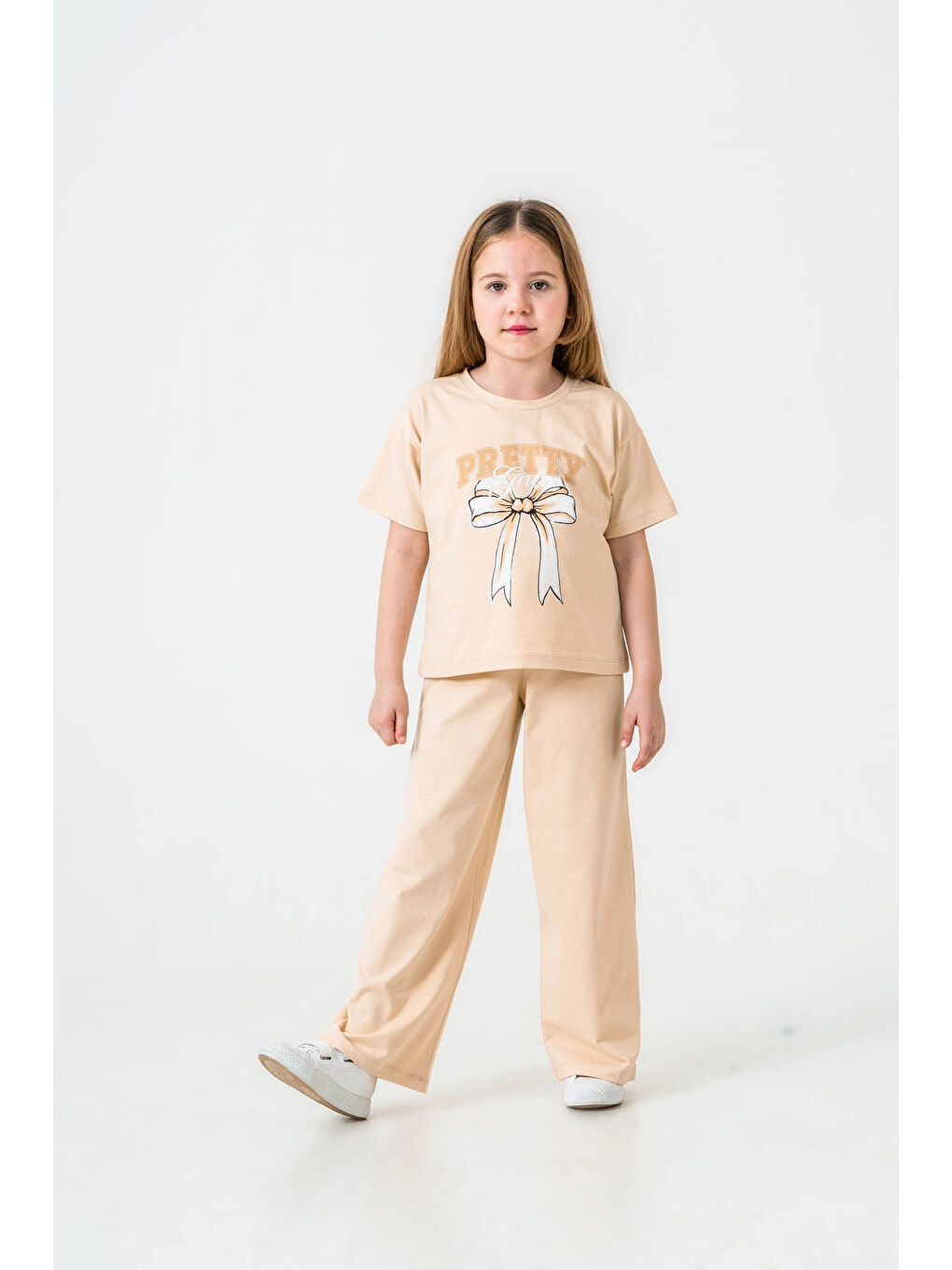 Bej Pretty Girl Baskılı Kız Çocuk Takım 033-2