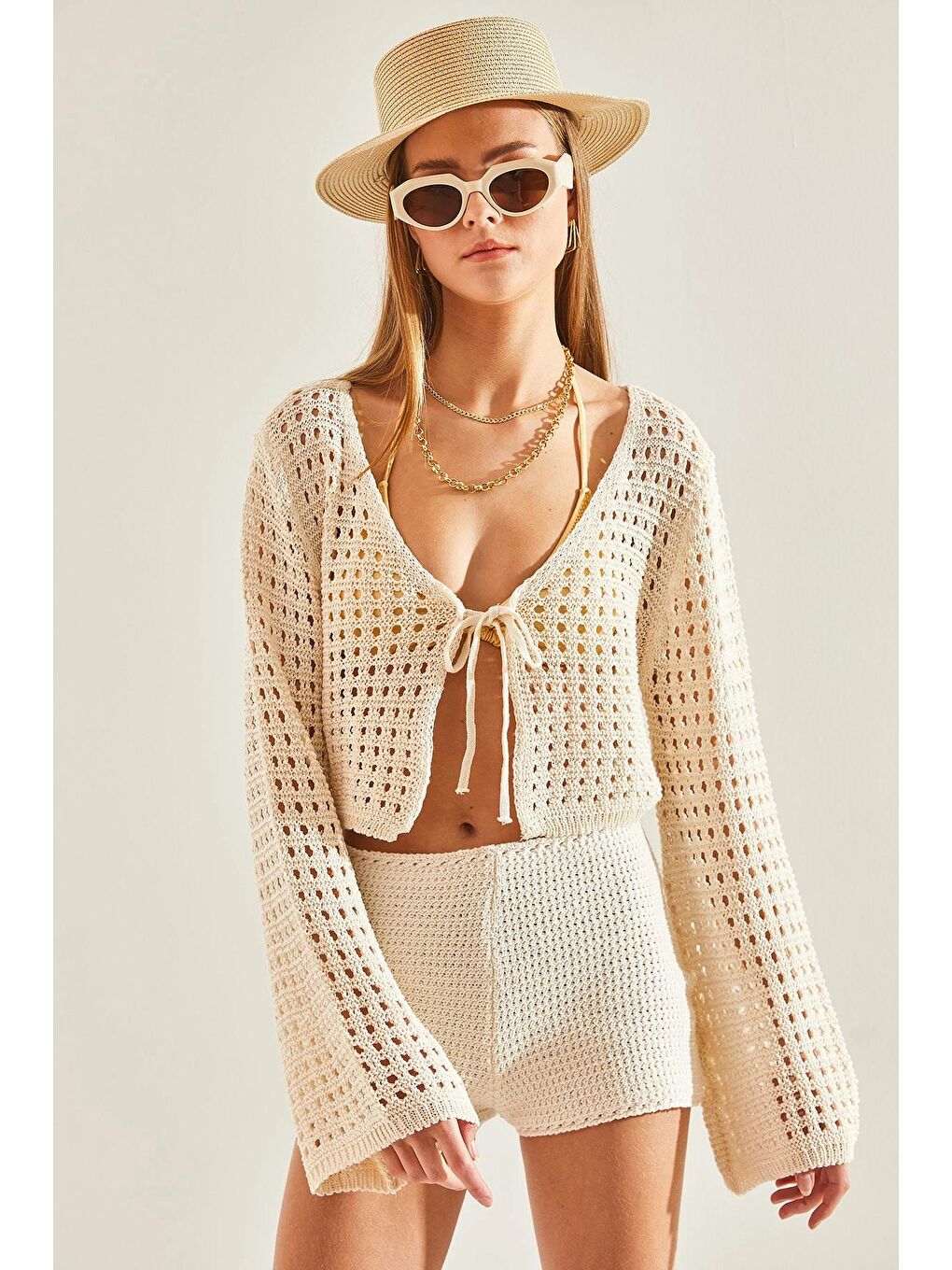 Bej Kadın Ajurlu Bağlamalı Bolero Triko Hırka 60101041-2