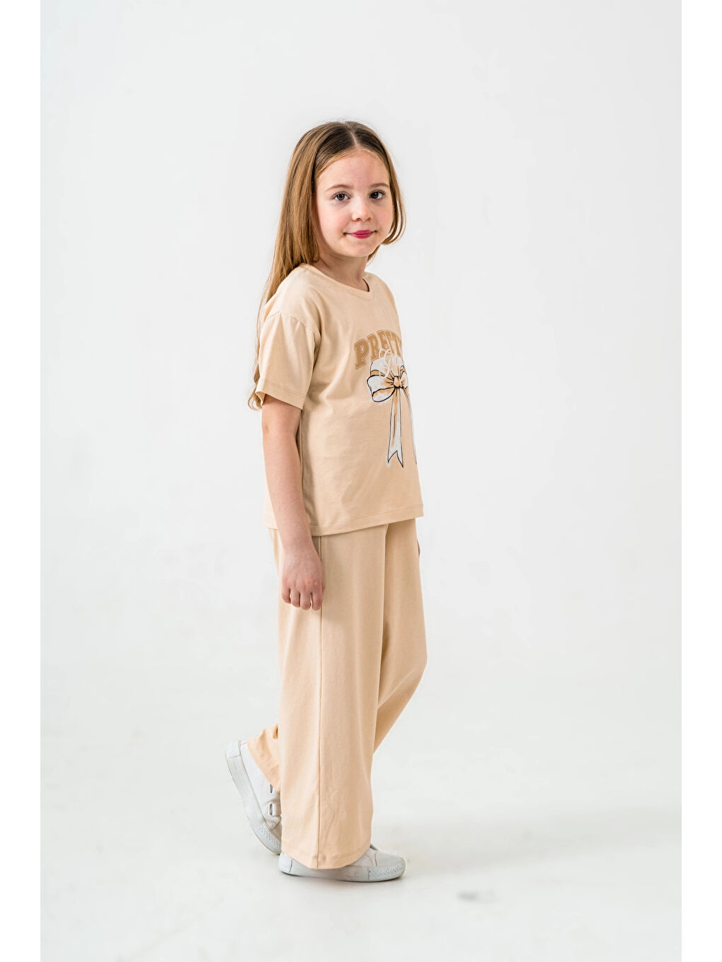 Bej Pretty Girl Baskılı Kız Çocuk Takım 033-3