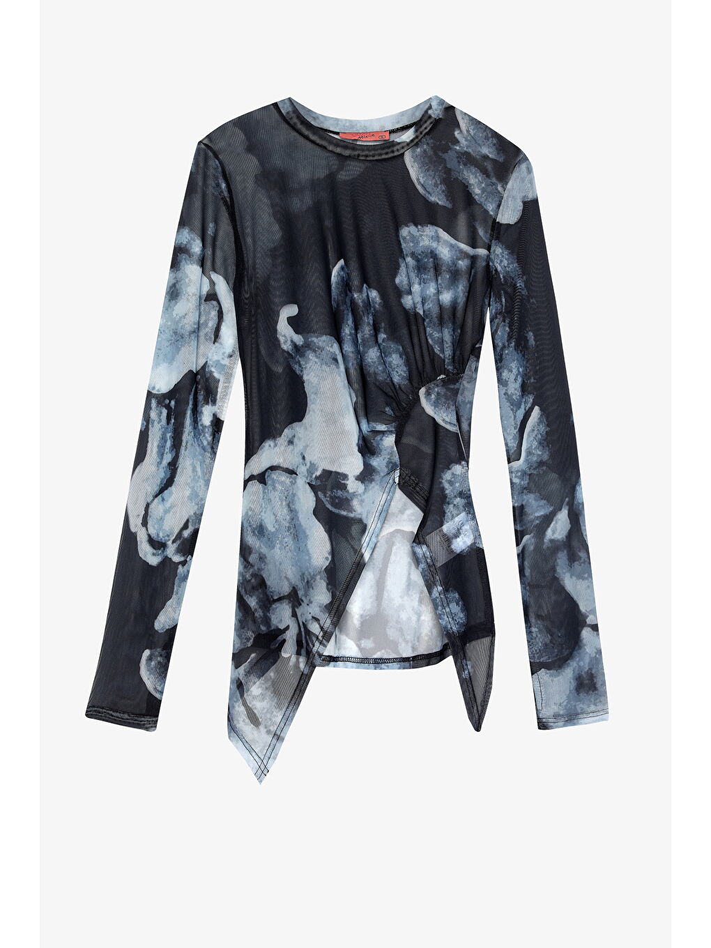 Sulu Boya Çiçek Desenli Asimetrik Tül Bluz Lacivert-1