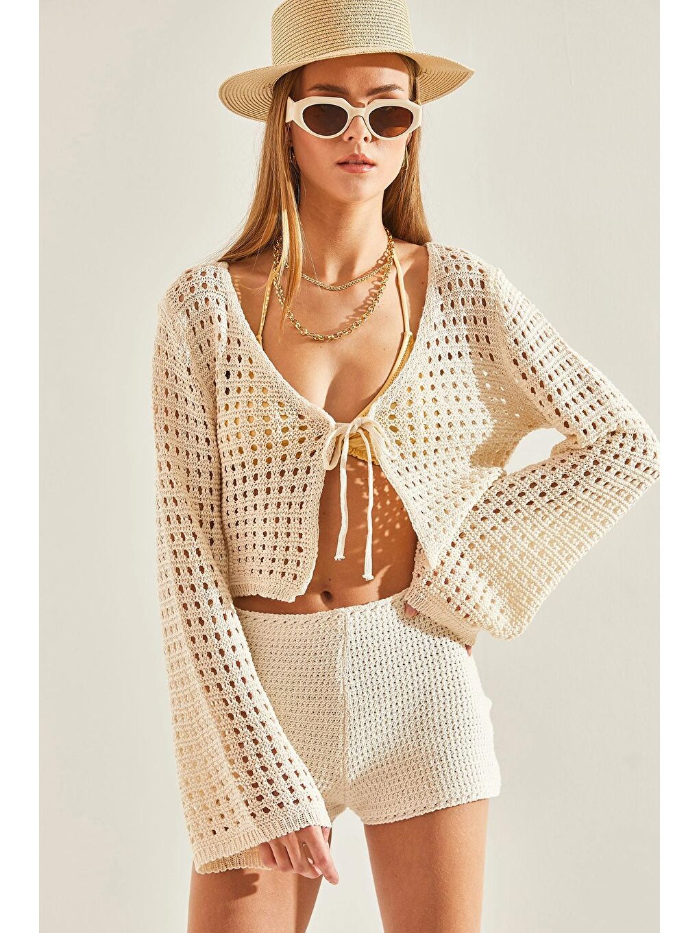 Bej Kadın Ajurlu Bağlamalı Bolero Triko Hırka 60101041-3