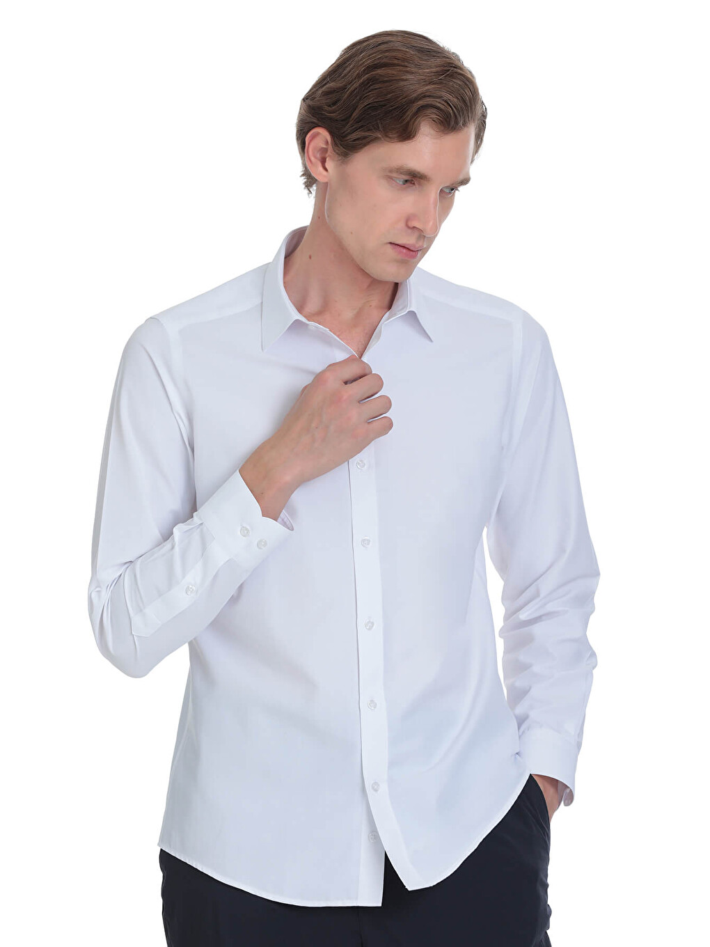Beyaz Slim Fit Slim Yaka Pamuklu Uzun Kollu Gömlek-2
