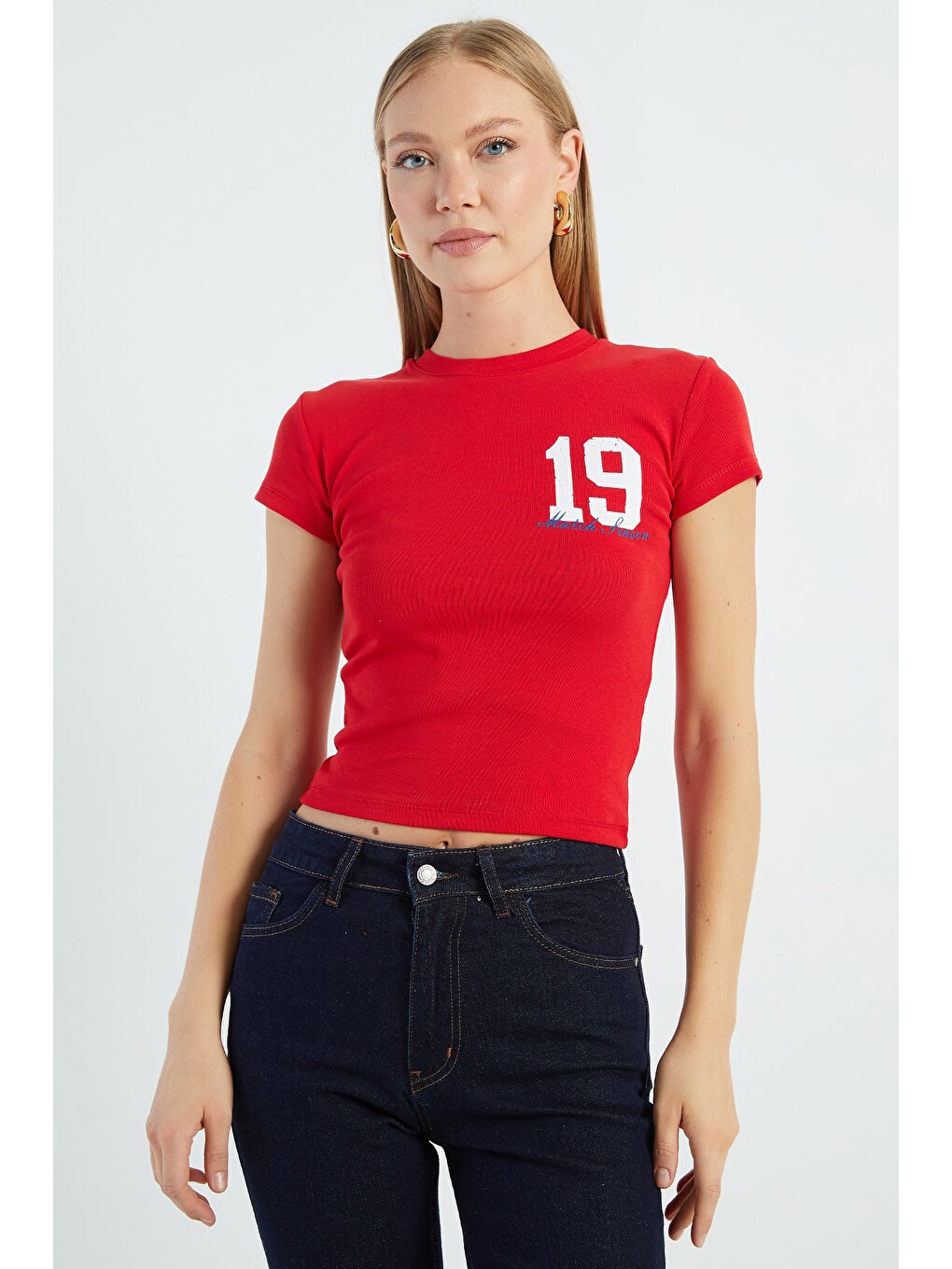 Kırmızı 19 Baskılı Slim Fit Tişört