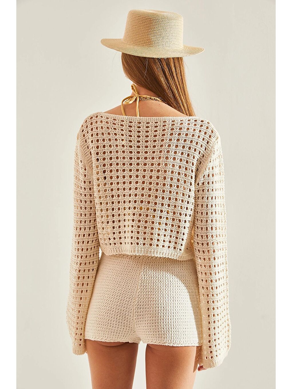 Bej Kadın Ajurlu Bağlamalı Bolero Triko Hırka 60101041-4