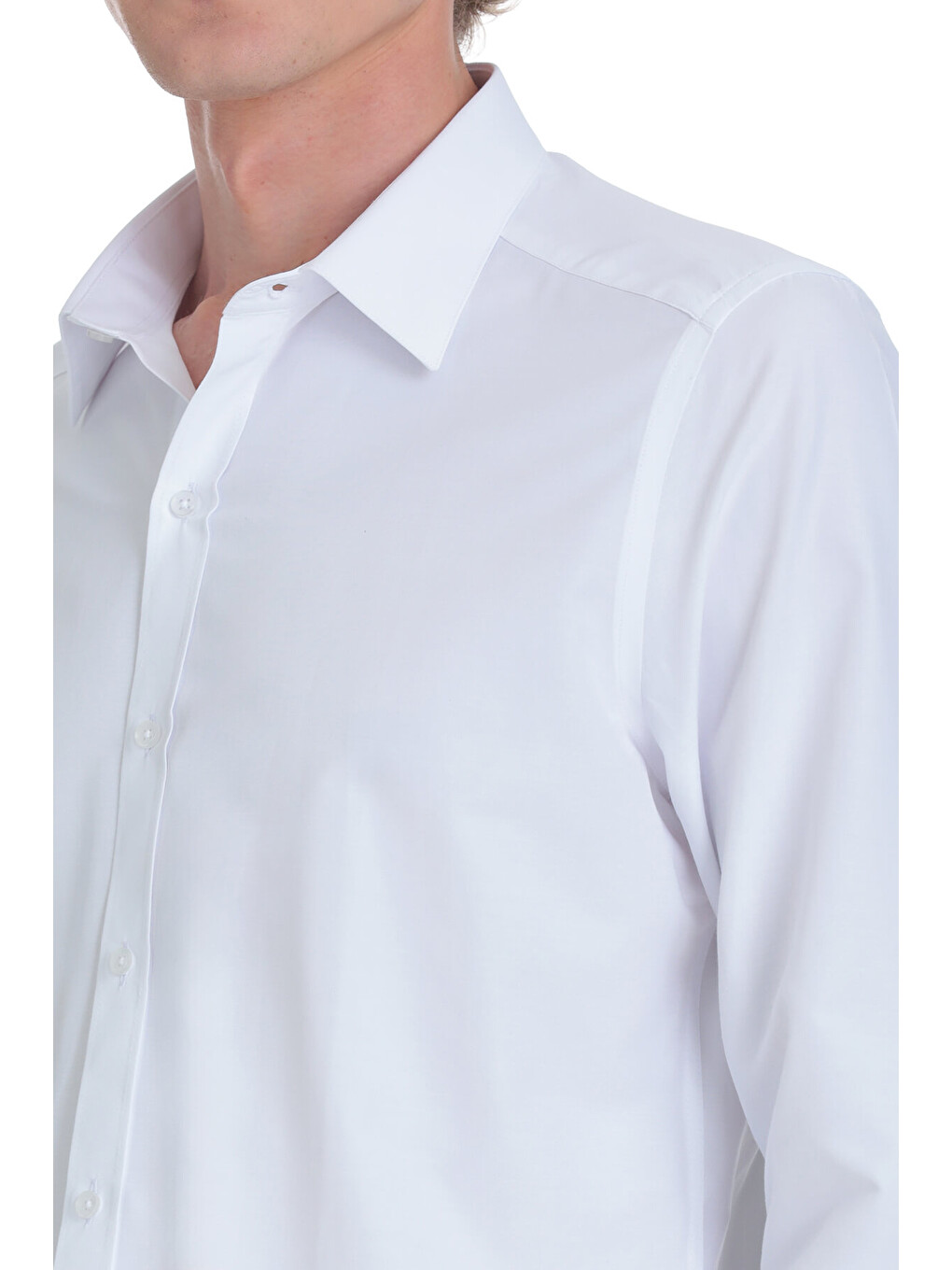Beyaz Slim Fit Slim Yaka Pamuklu Uzun Kollu Gömlek-4