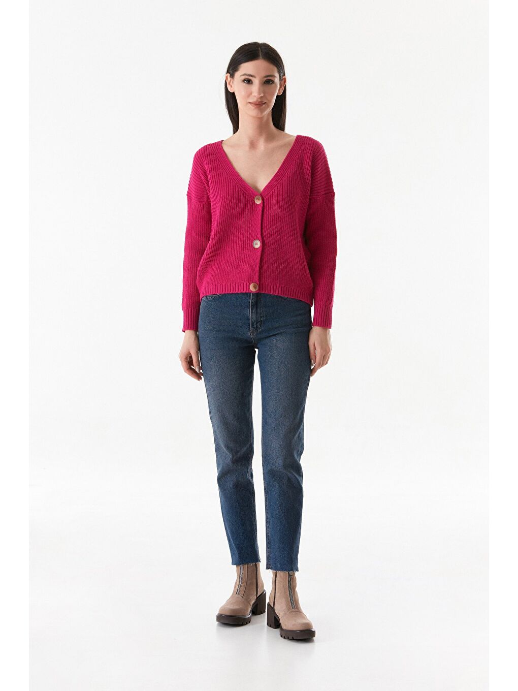 Fuşya Düğmeli V Yaka Triko Hırka-1