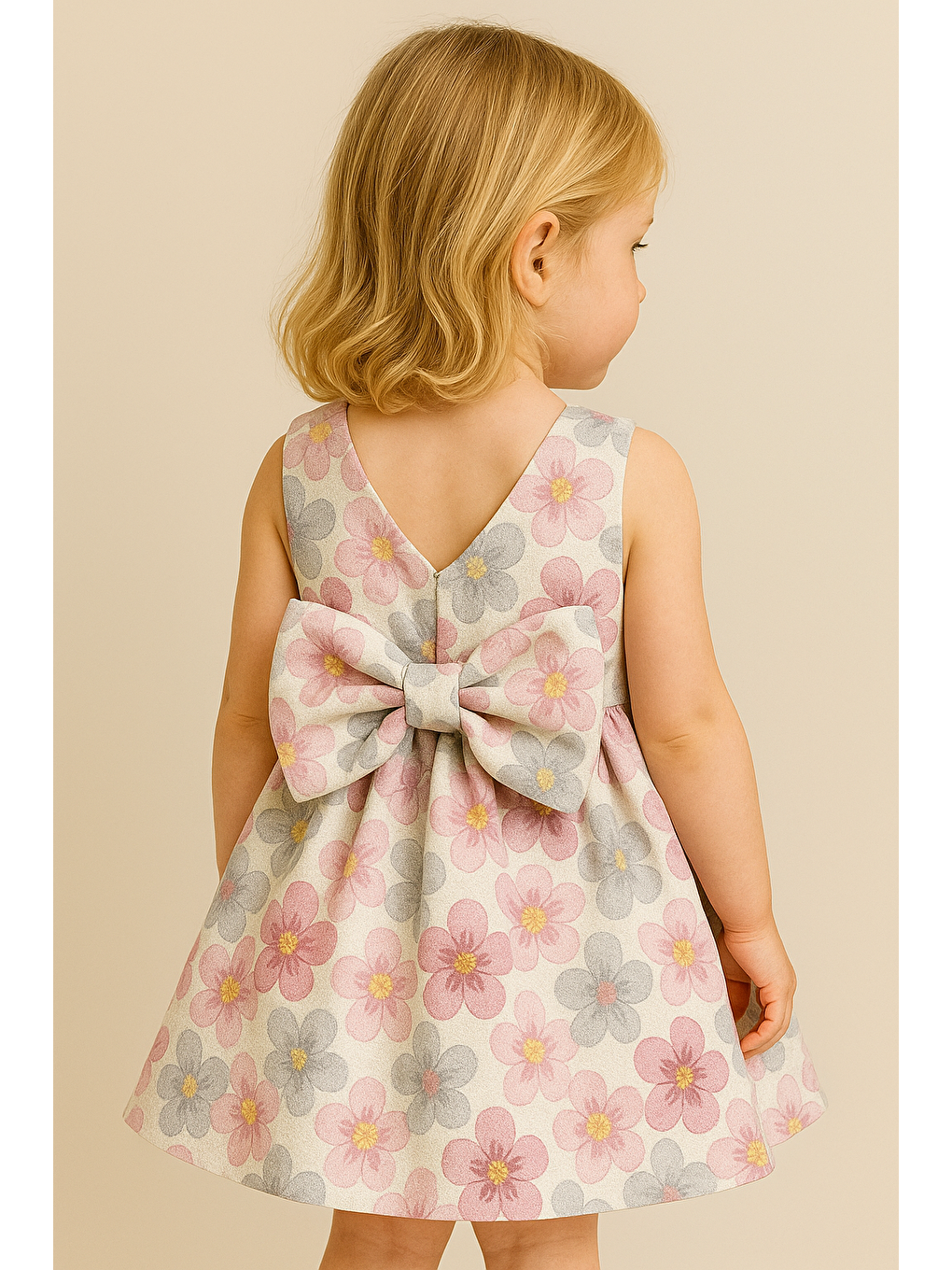 Karışık Kız Çocuk Pamuklu Çiçek Desenli  Arkası Fiyonklu Elbise-1