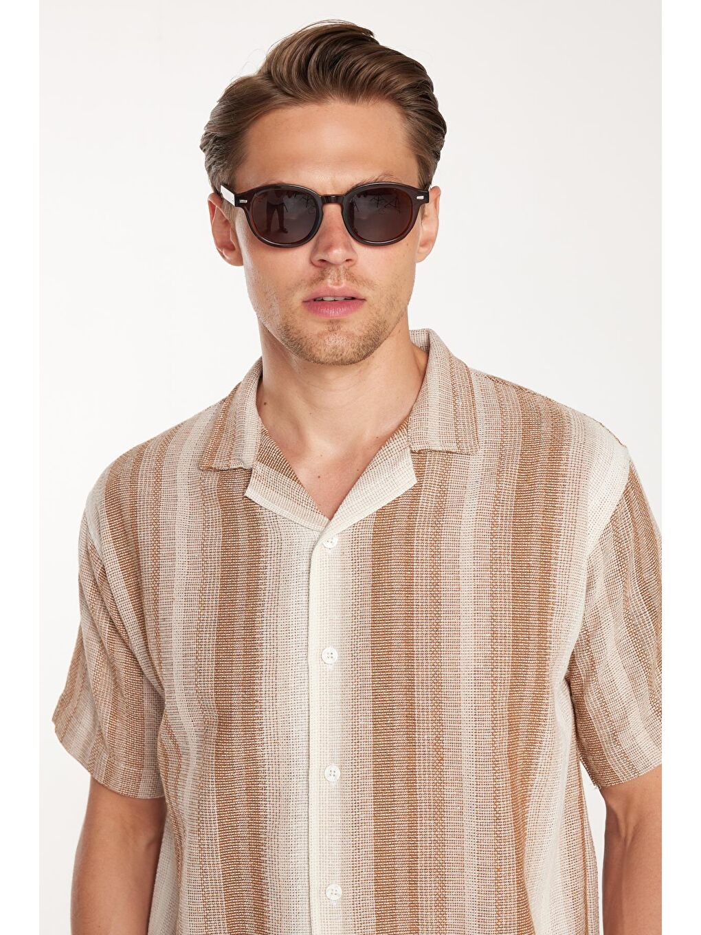 Karışık Relax Fit Oversize Dökümlü Rahat Kalıp Çizgili Keten Efekt Erkek Gömlek-1