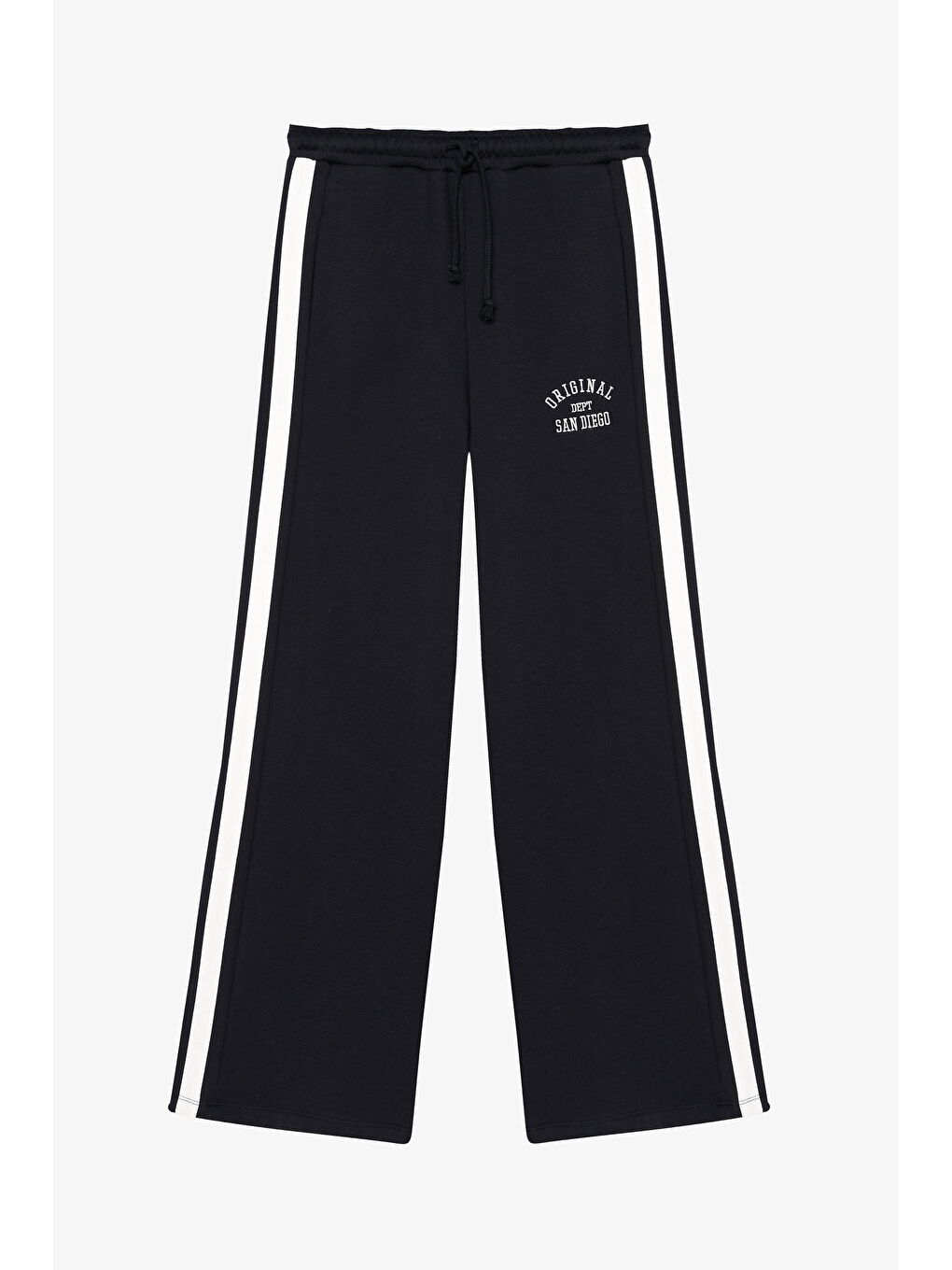 Yazı Nakışlı Şerit Detaylı Beli Bağcıklı Eşofman Lacivert-1