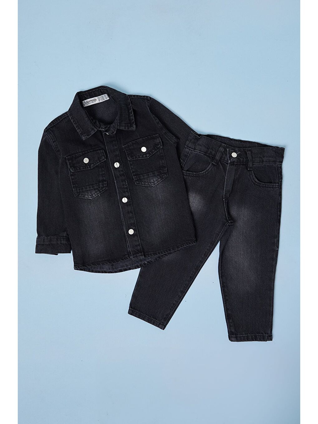 Siyah Düğmeli Polo Yaka  Erkek Çocuk Jean 3 Lü Takım-1