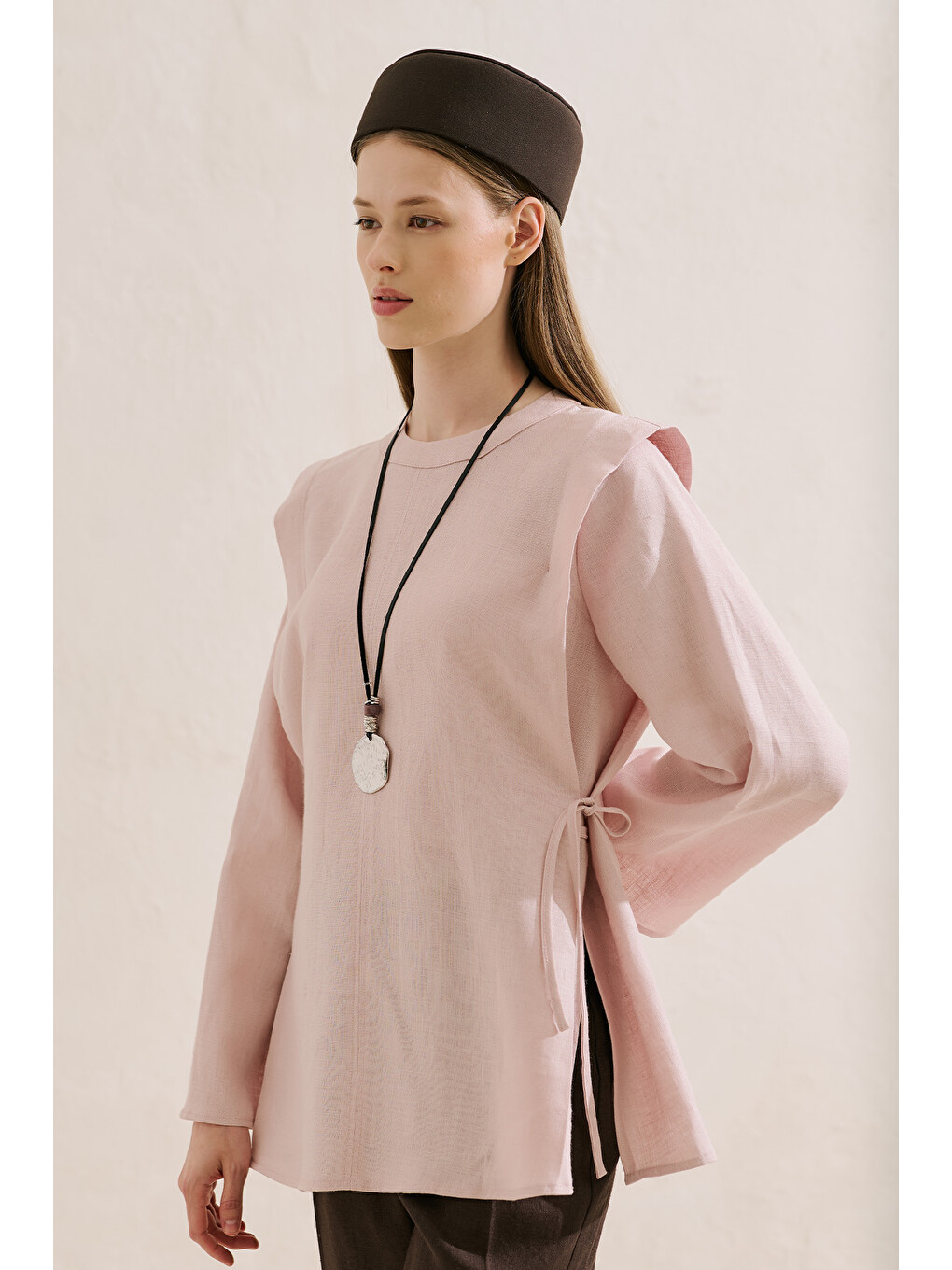 Keten Bağlamalı Geniş Kol Tunik Pembe-1