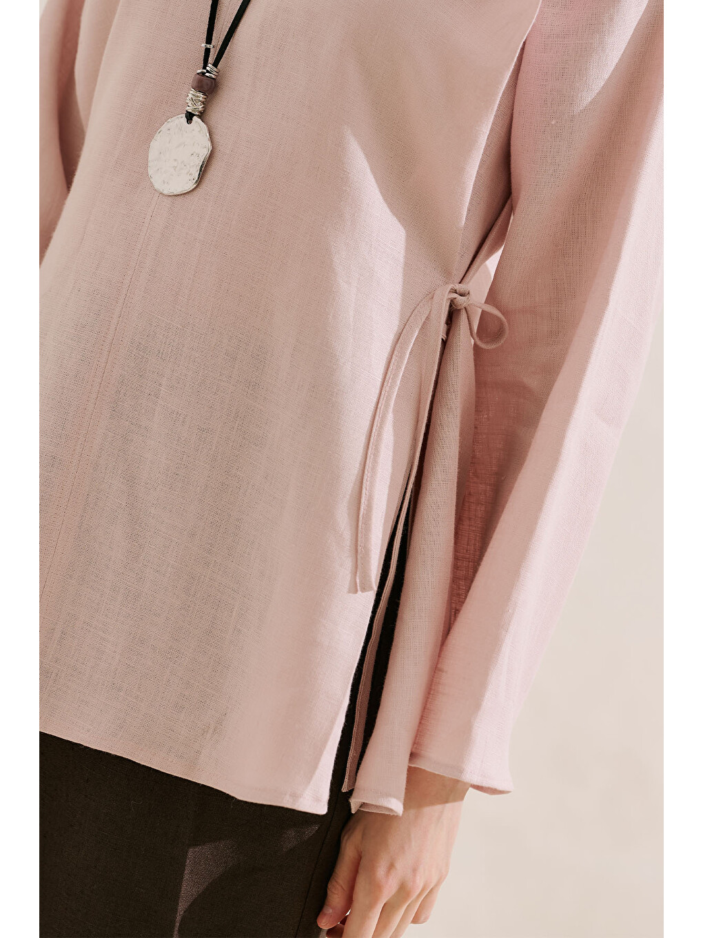Keten Bağlamalı Geniş Kol Tunik Pembe-3