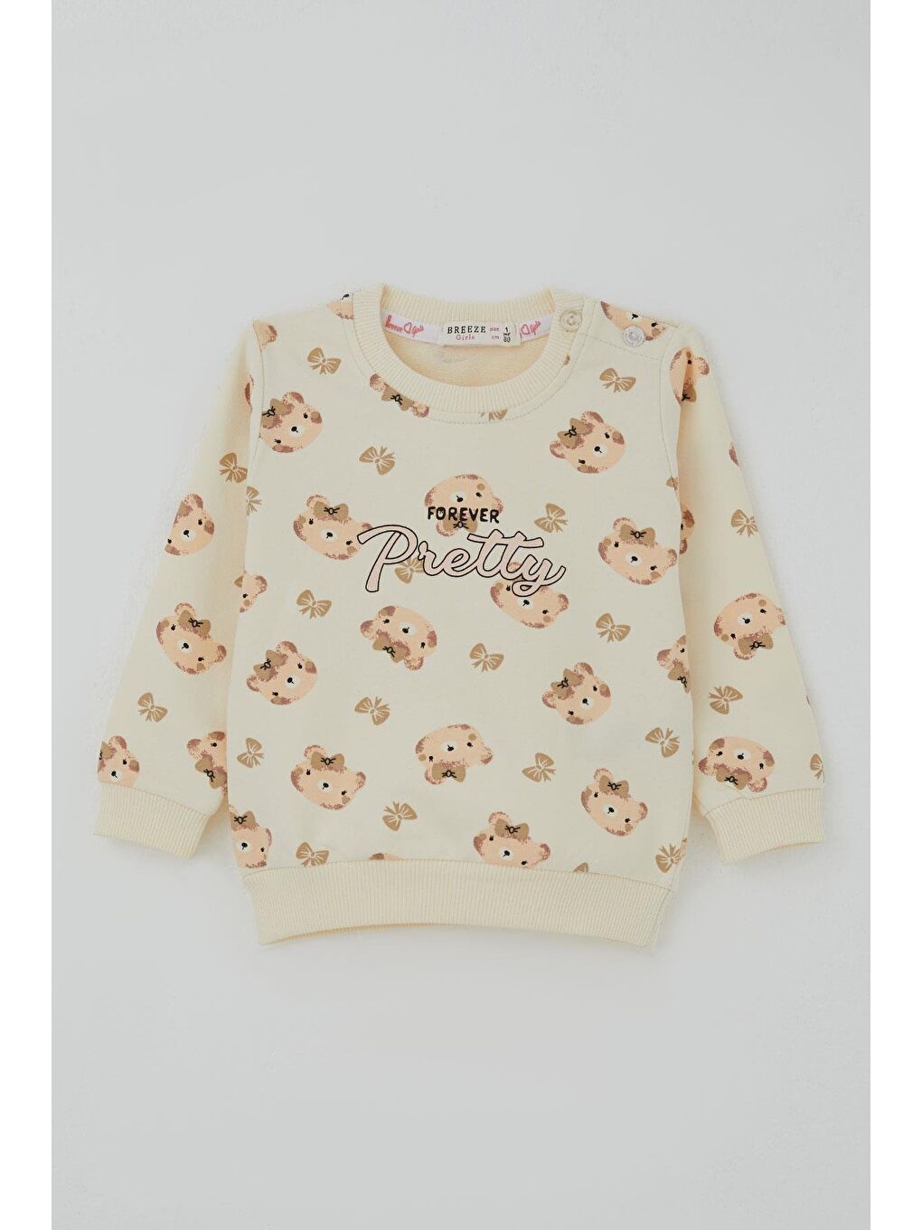 Ekru Kız Bebek Eşofman Takımı Sevimli Fiyonklu Ayıcık Desenli Krem (6 Ay-2 Yaş)-1