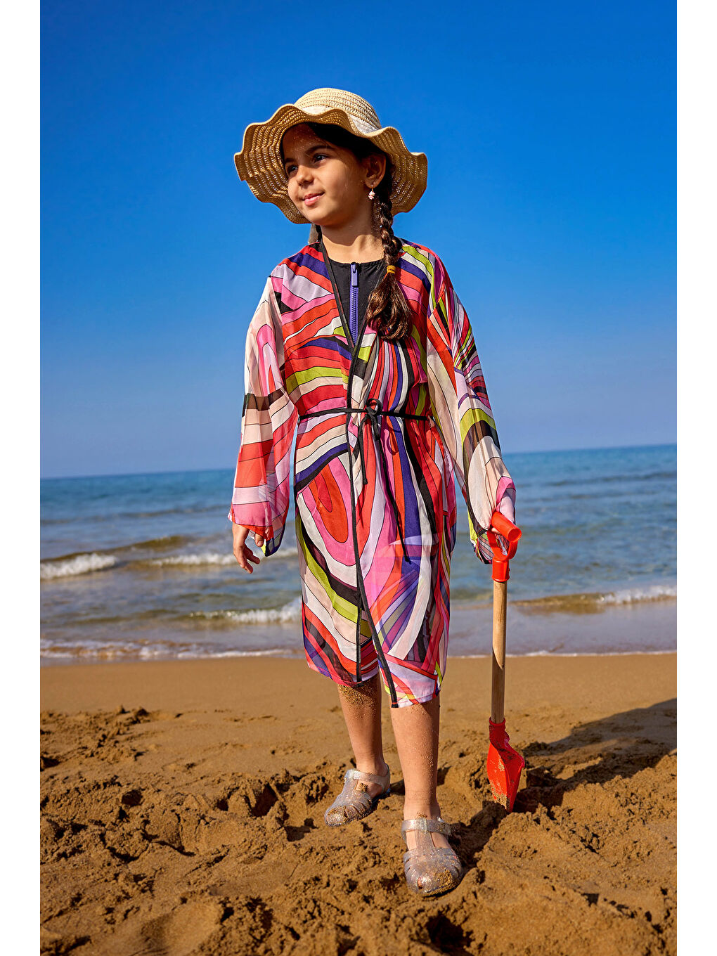 Turuncu Kız Çocuk Kimono Hafif, Dökümlü Pareo CP2507-1