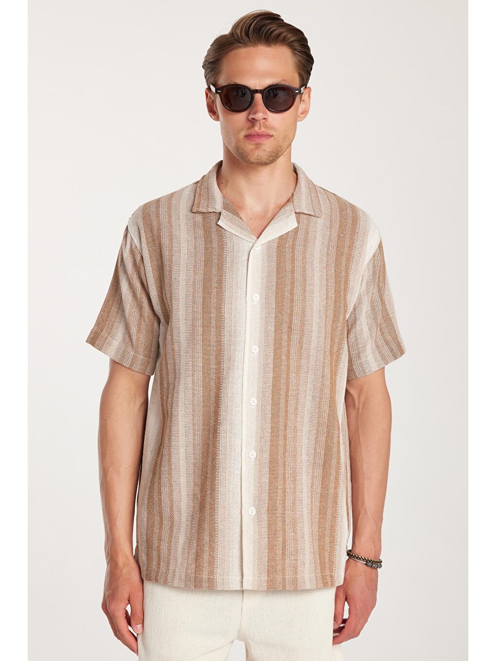 Karışık Relax Fit Oversize Dökümlü Rahat Kalıp Çizgili Keten Efekt Erkek Gömlek-3