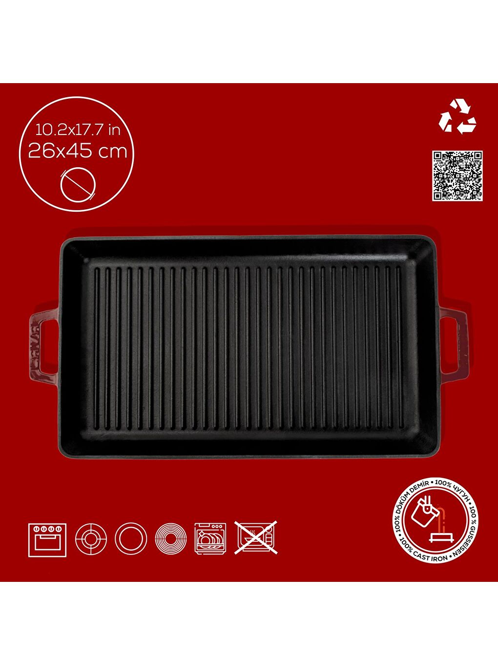 Bordo Dikdörtgen Izgara Tavası Döküm Demir Yekpare Çift Kulplu Ölçü 26x45cm.-3