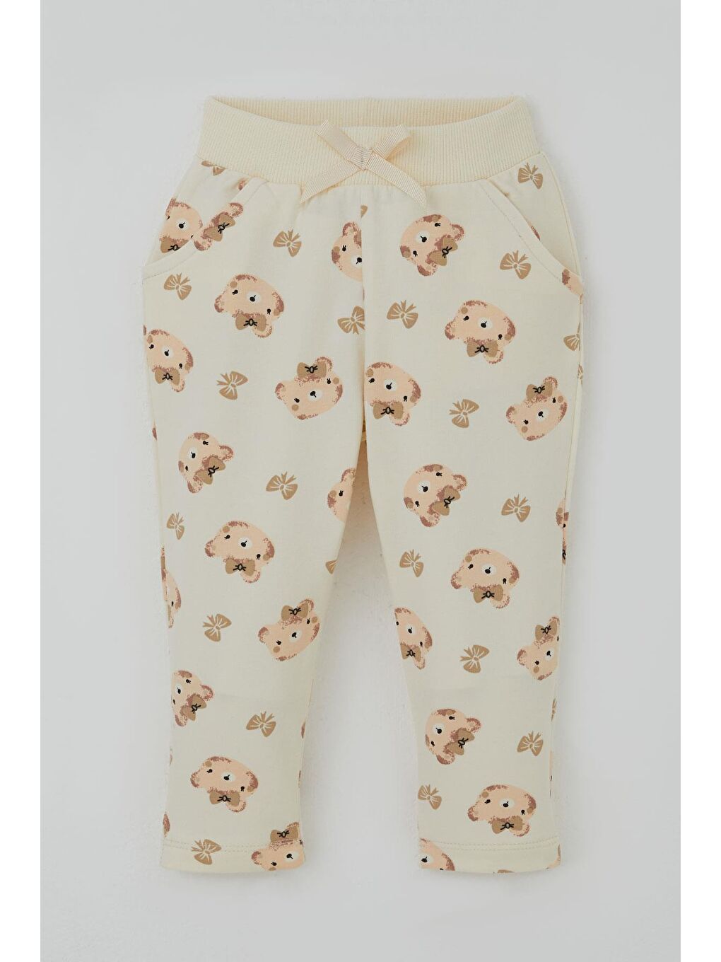 Ekru Kız Bebek Eşofman Takımı Sevimli Fiyonklu Ayıcık Desenli Krem (6 Ay-2 Yaş)-2