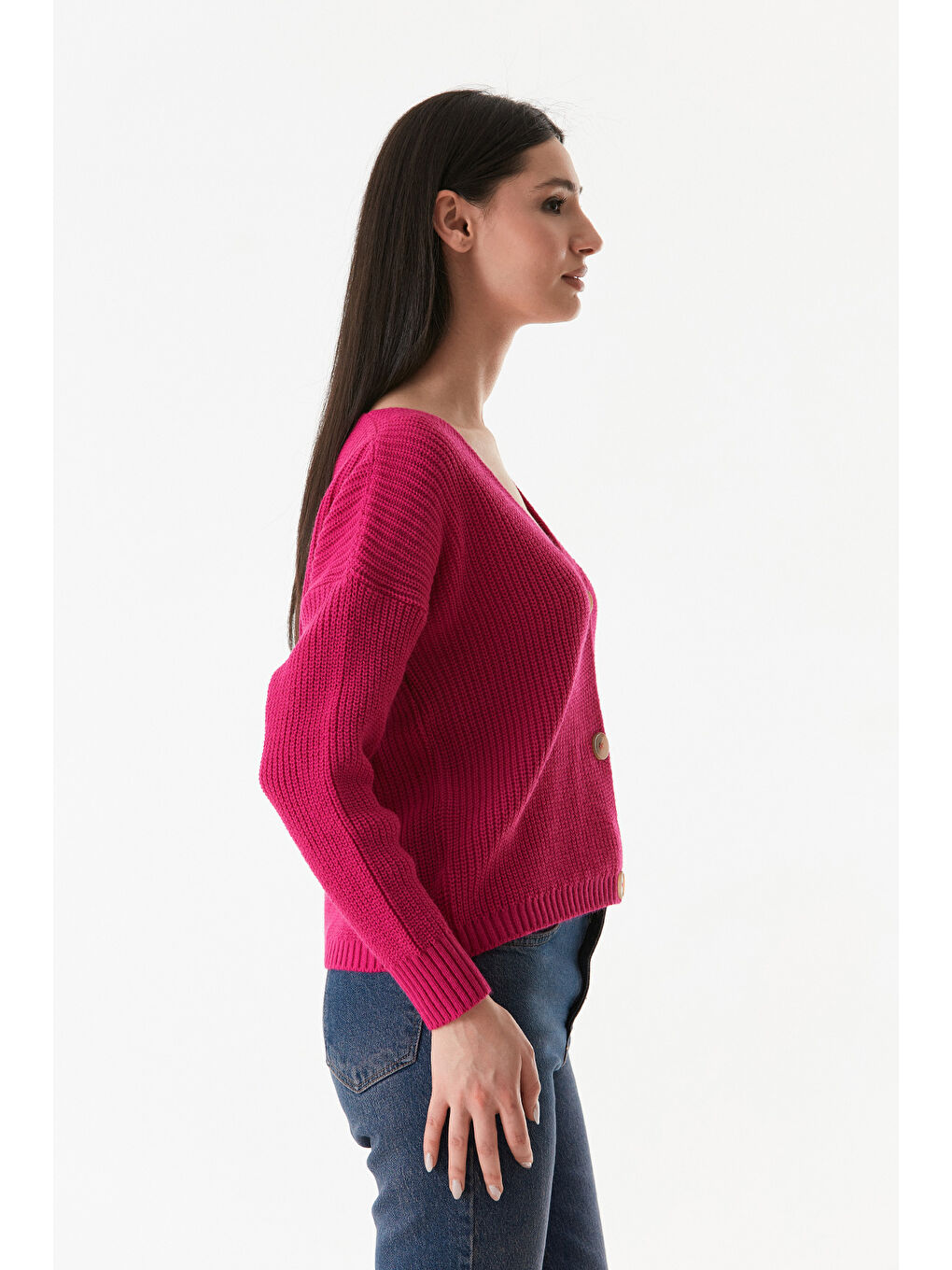 Fuşya Düğmeli V Yaka Triko Hırka-3