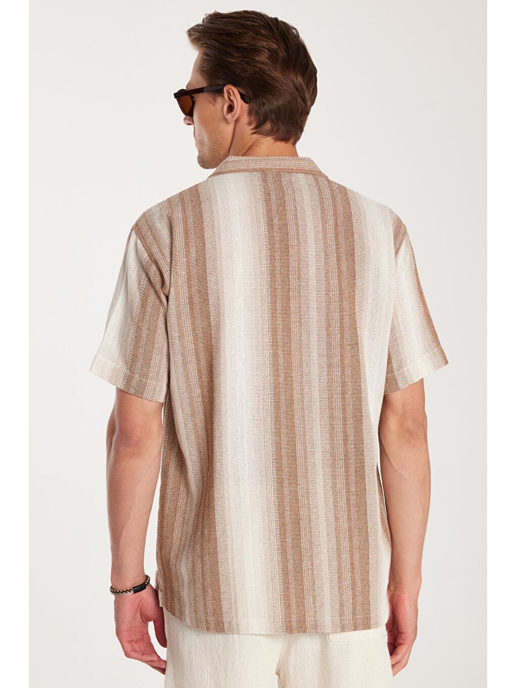 Karışık Relax Fit Oversize Dökümlü Rahat Kalıp Çizgili Keten Efekt Erkek Gömlek-4