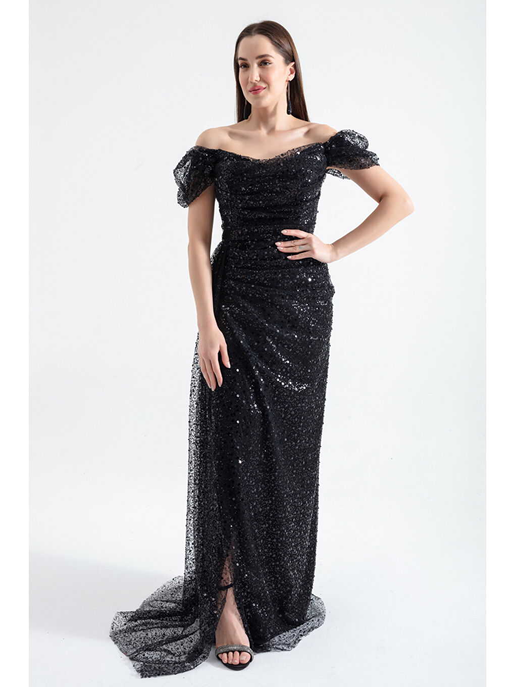 Kadın Siyah Kayık Yaka Kuyruklu Uzun Abiye Elbise-1