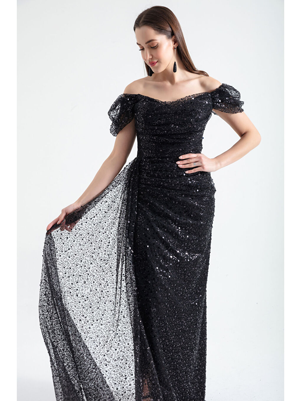 Kadın Siyah Kayık Yaka Kuyruklu Uzun Abiye Elbise-2