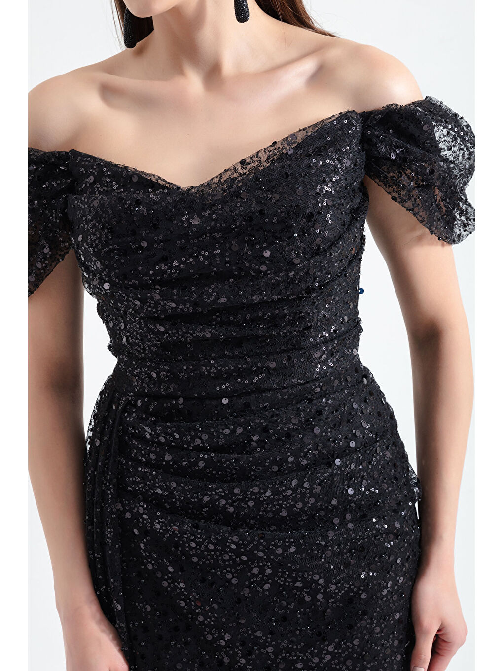 Kadın Siyah Kayık Yaka Kuyruklu Uzun Abiye Elbise-3