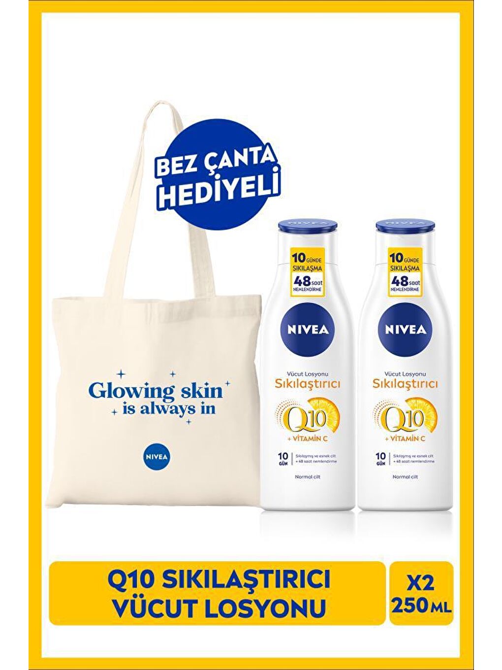 NIVEA Şeffaf Q10 Sıkılaştırıcı Vücut Losyonu 250ml, X2 Adet, 10 Günde Sıkılaşma, C Vitamini, Bez Çanta Hediyeli