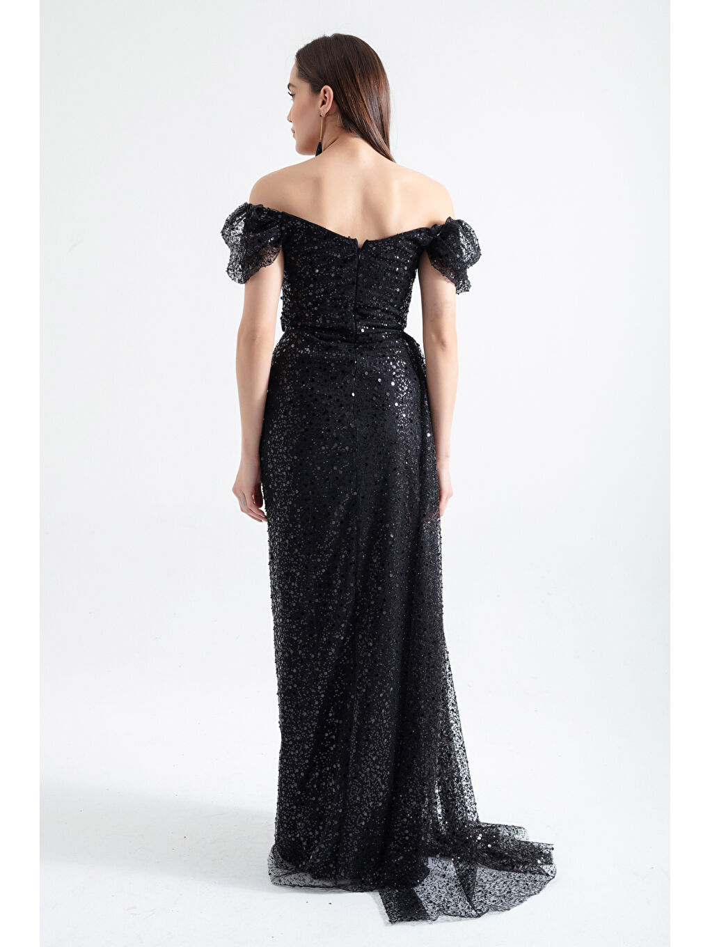 Kadın Siyah Kayık Yaka Kuyruklu Uzun Abiye Elbise-4