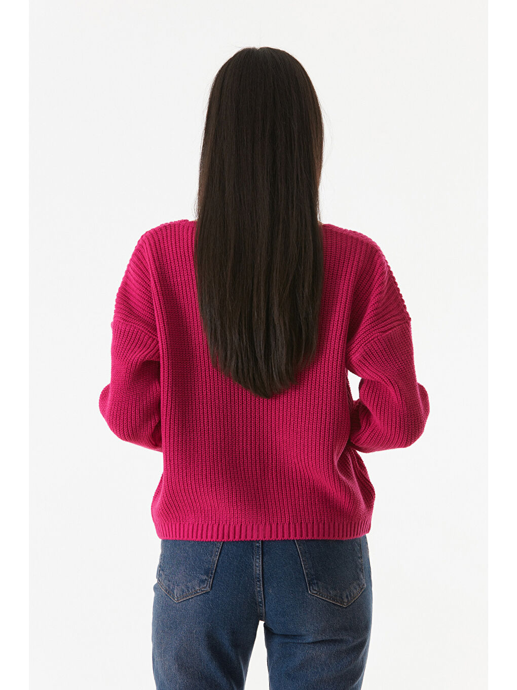 Fuşya Düğmeli V Yaka Triko Hırka-4