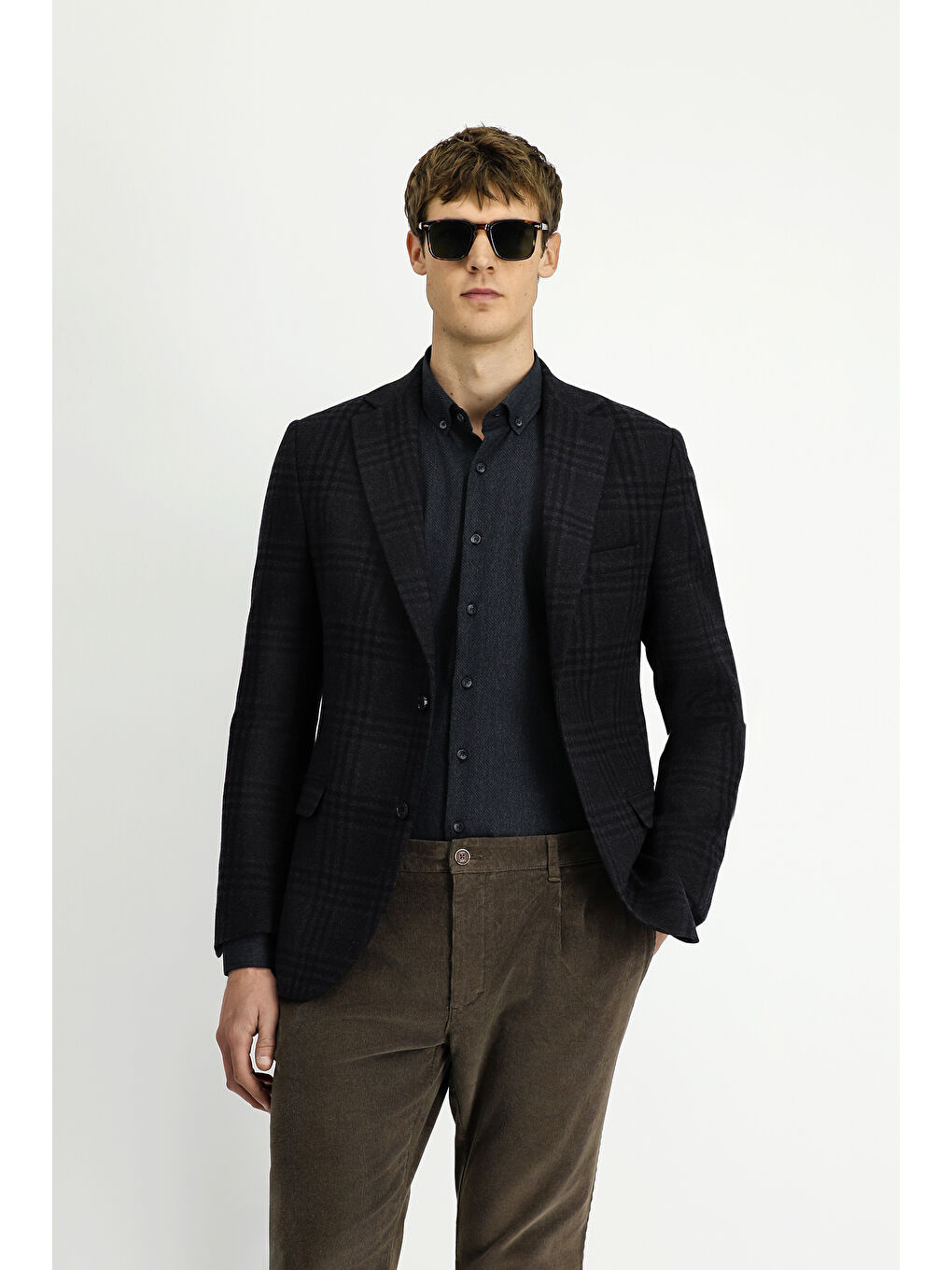 Kahverengi 6 Drop Regular Fit Standart Kesim Yünlü Ekose Ceket