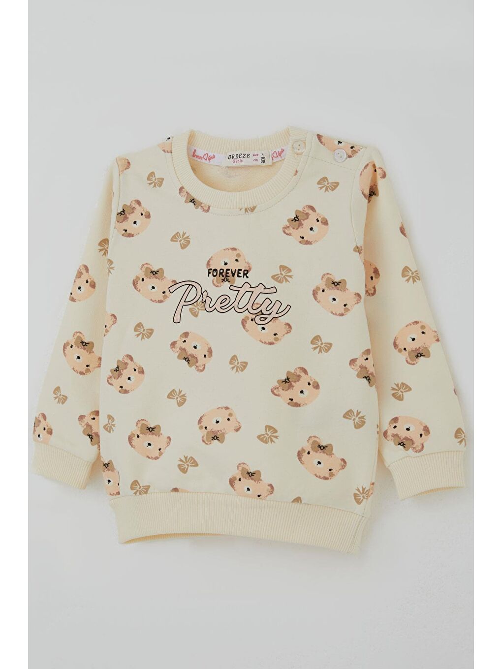 Ekru Kız Bebek Eşofman Takımı Sevimli Fiyonklu Ayıcık Desenli Krem (6 Ay-2 Yaş)-5