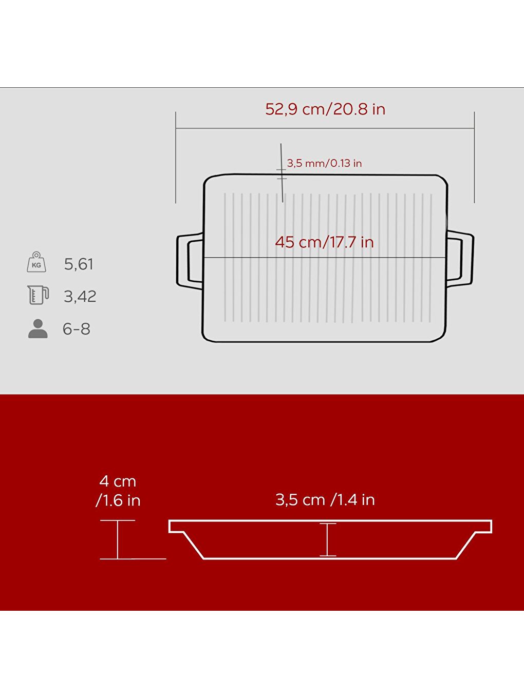 Bordo Dikdörtgen Izgara Tavası Döküm Demir Yekpare Çift Kulplu Ölçü 26x45cm.-4