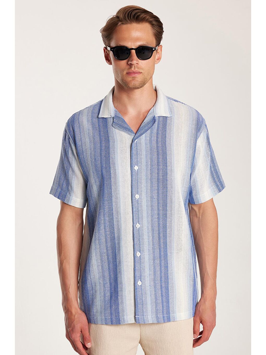 Karışık Relax Fit Oversize Dökümlü Rahat Kalıp Çizgili Keten Efekt Erkek Gömlek-3