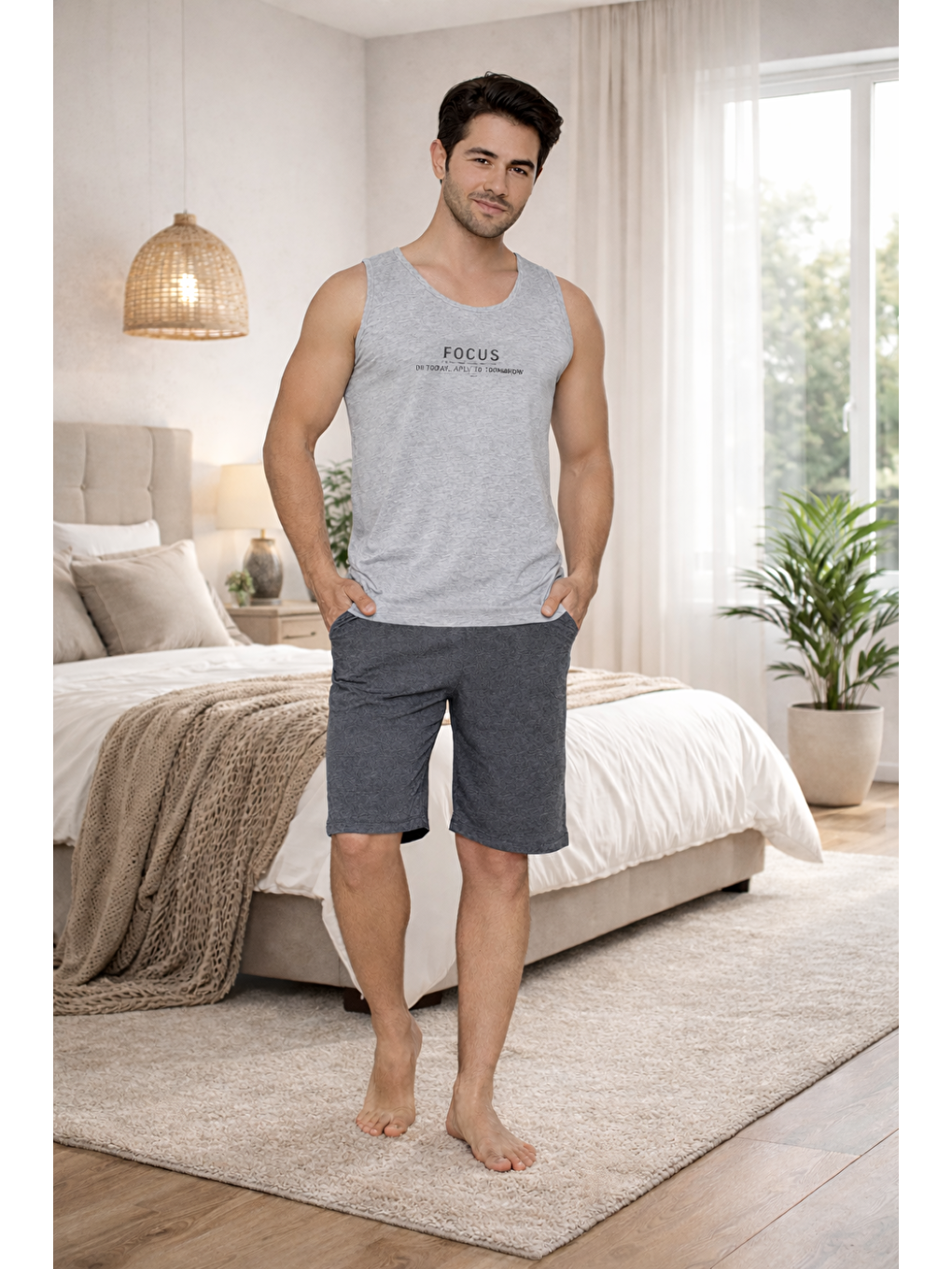 Gri PREMIUM Erkek Viskon Yüksek Kalite Düğmeli Sıfır Yaka Cepli Battal Pijama Takımı-3