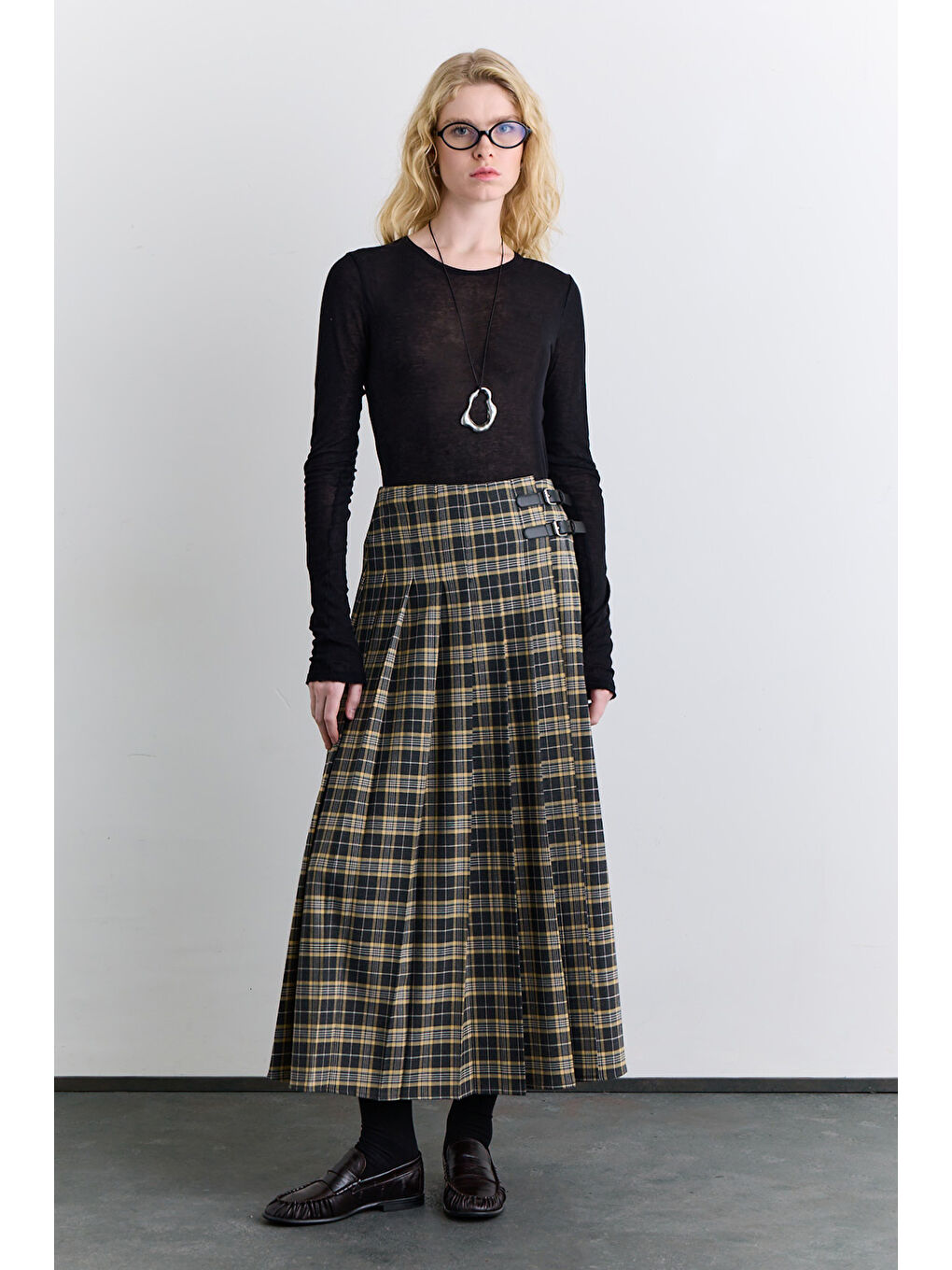 Kahverengi Pileli Kemerli Ekose Etek Camel-1