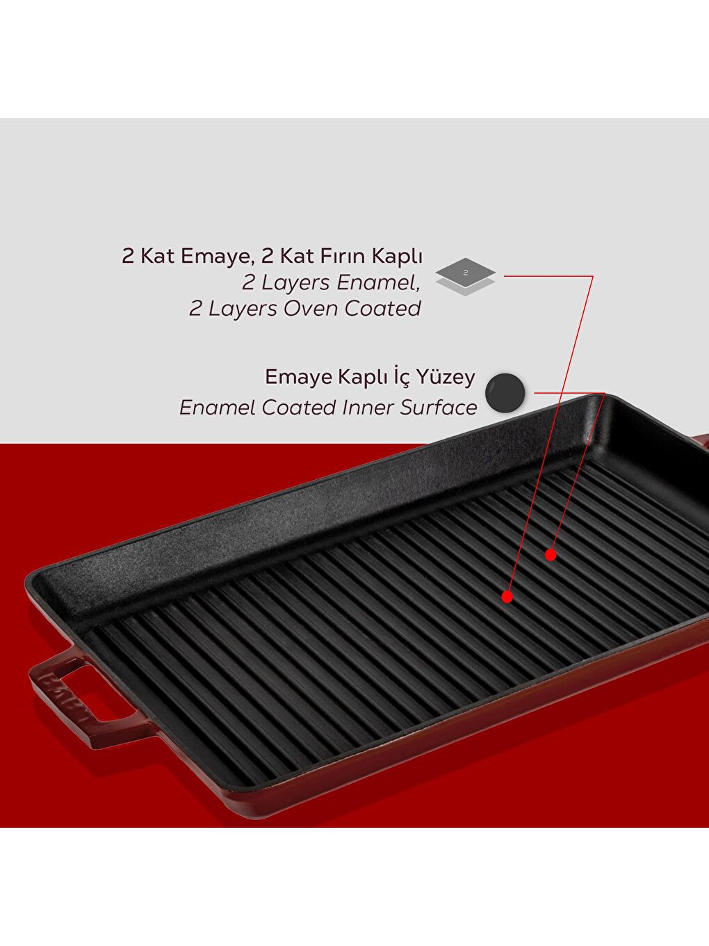 Bordo Dikdörtgen Izgara Tavası Döküm Demir Yekpare Çift Kulplu Ölçü 26x45cm.-5