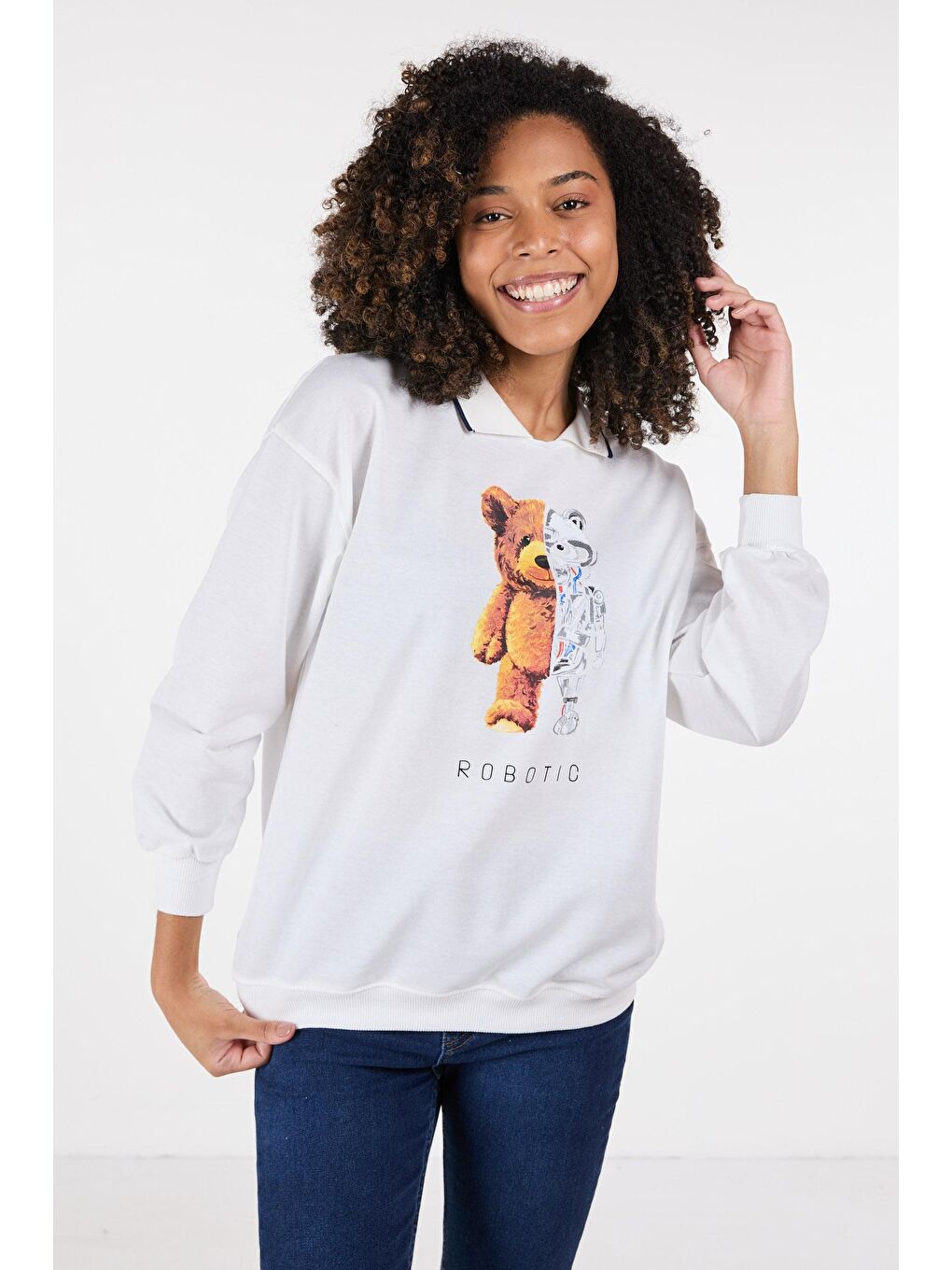 Gömlek Yaka Kadın Beyaz Sweat - 23417-1