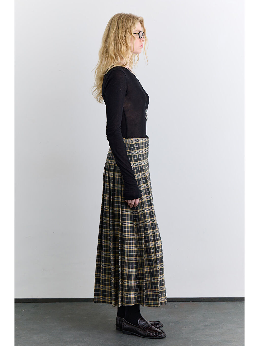 Kahverengi Pileli Kemerli Ekose Etek Camel-4