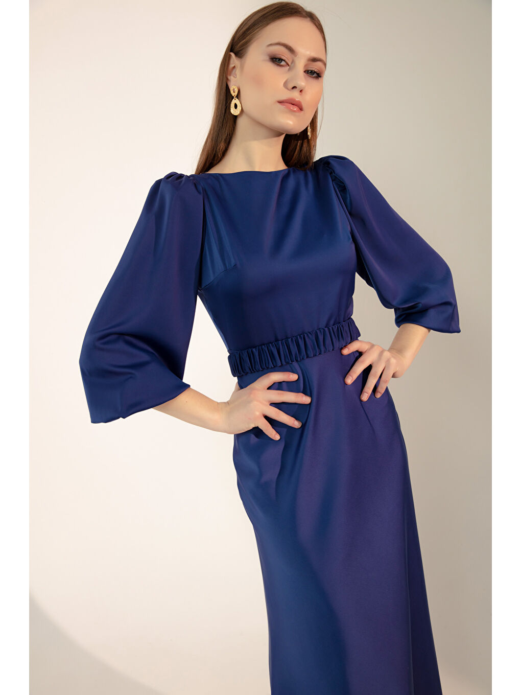 Mavi Kadın Saks Uzun Balon Kollu Nişan Elbisesi-1