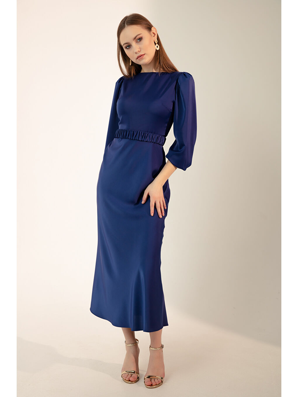 Mavi Kadın Saks Uzun Balon Kollu Nişan Elbisesi-2