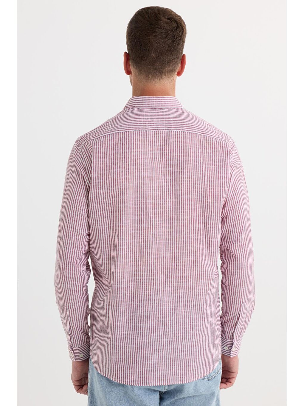 Erkek Regular Fit Klasik Kesim Uzun Kollu %100 Pamuk Keten Doku Tek Cepli Bordo Çizgili Gömlek-6