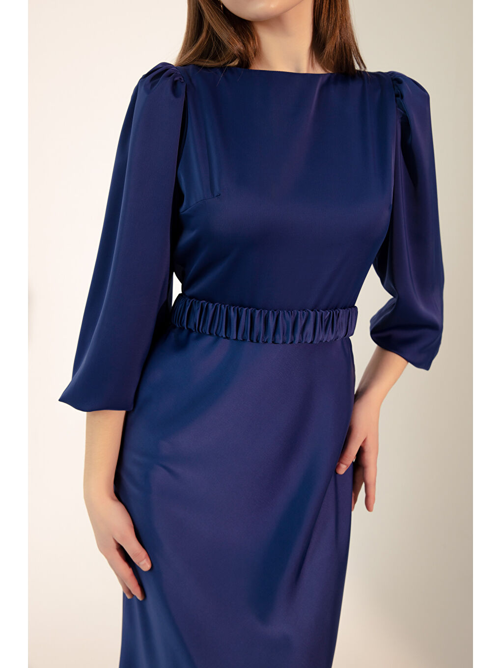 Mavi Kadın Saks Uzun Balon Kollu Nişan Elbisesi-3