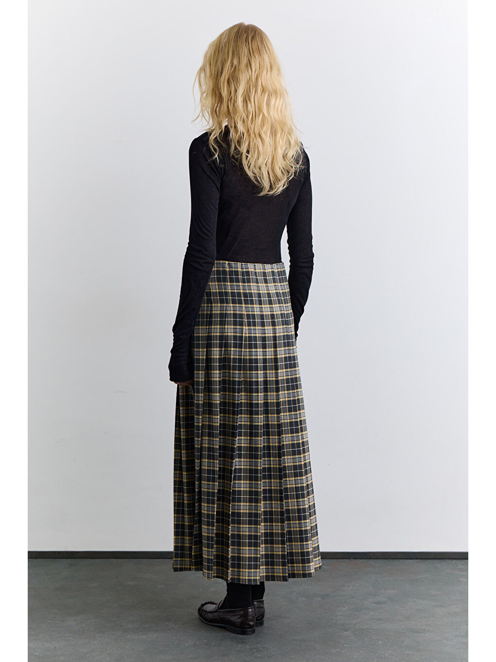 Kahverengi Pileli Kemerli Ekose Etek Camel-5